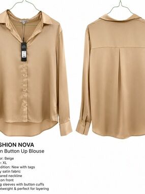 Fashion Nova Beige Satin Button-Down Shirt